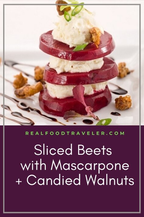 Save this recipe for sliced beets with layers of mascarpone to Pinterest.