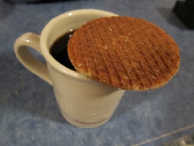 Rip van Wafels cookie soft Rip van Wafels cookie hanging over coffee cup
