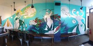 Mural by artist Steven Lopez that depicts the Mayan goddess Mayahuel gives the space visual punch.