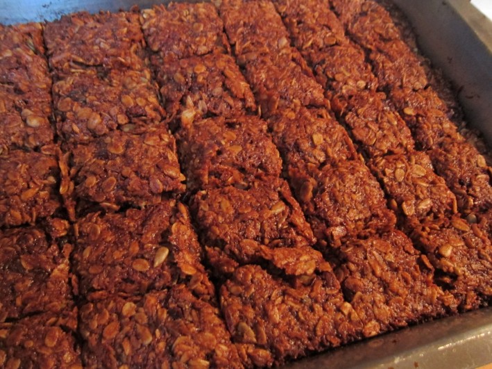 Lavender Oat Bar Recipe Lavender oat bars in pan cut into squares