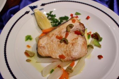 Grilled swordfish for dinner on Star Clipper.