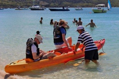Star Clipper offers water sports on most beach breaks. Kayakers head out from an Anguillan beach.