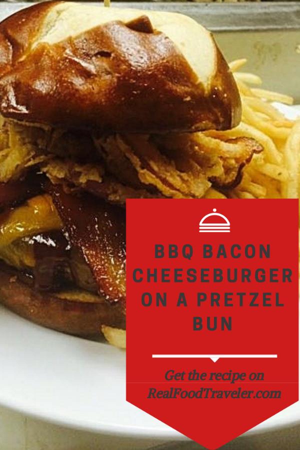 Pin this recipe for making a BBQ Bacon Cheeseburger with a Pretzel Bun to Pinterest.