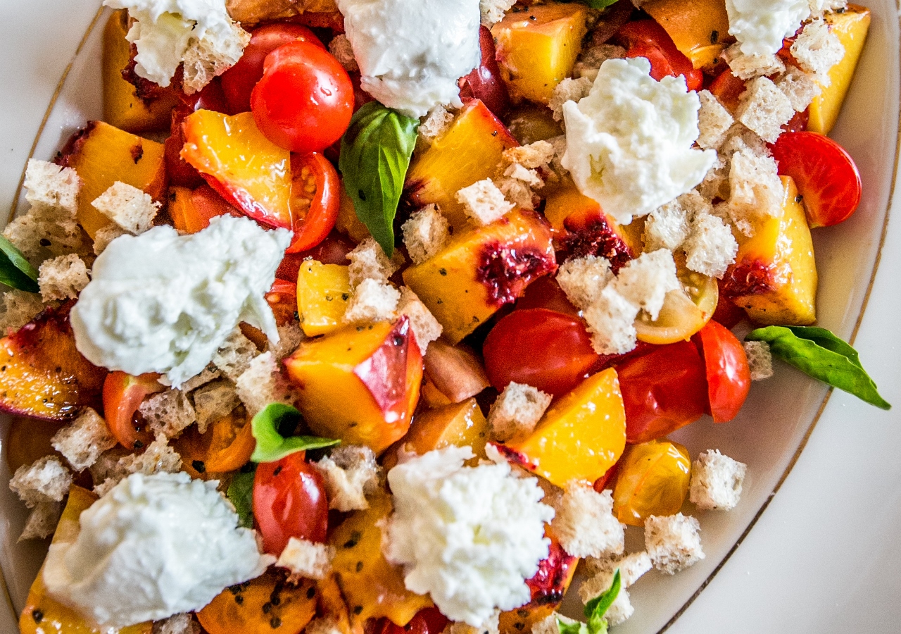 Peach & Cherry Tomato Panzanella with Burrata Cheese Recipe