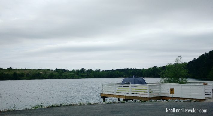 Tent camping on a dock at Creekfire Motor Ranch.