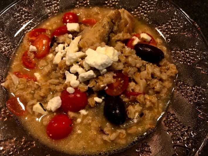 Chicken Stew with Farro, Tomatoes, Olives & Feta