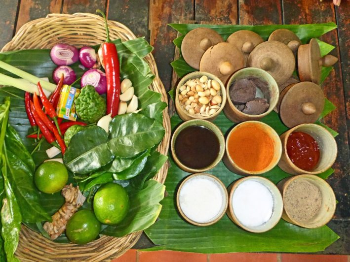 A display of ingredients for the cooking class in Cambodia.