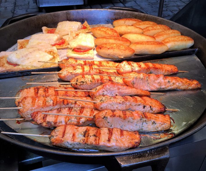 Salmon, in Riga, served hot off the grill.