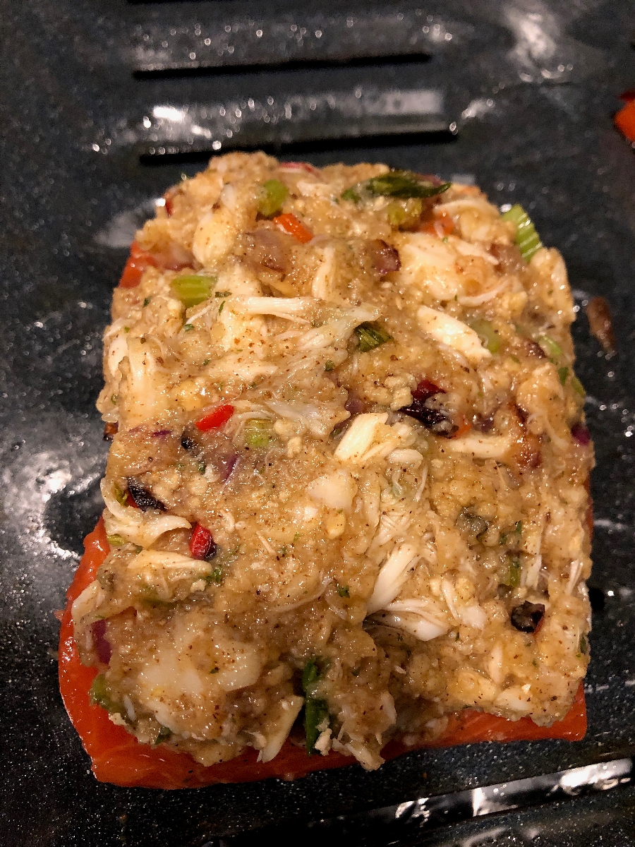 The crab stuffed salmon, all assembled, before baking.