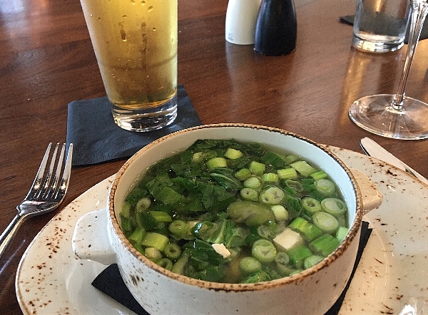 Green Miso Soup with Smoked Tofu at Outlook Kitchen.