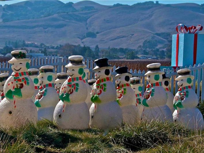The Lighting of the Snowmen in December in Sonoma County.