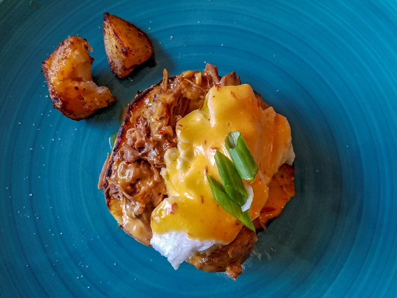 Pork Adobo Benedict at Cosmos Bistro Bellingham Washington