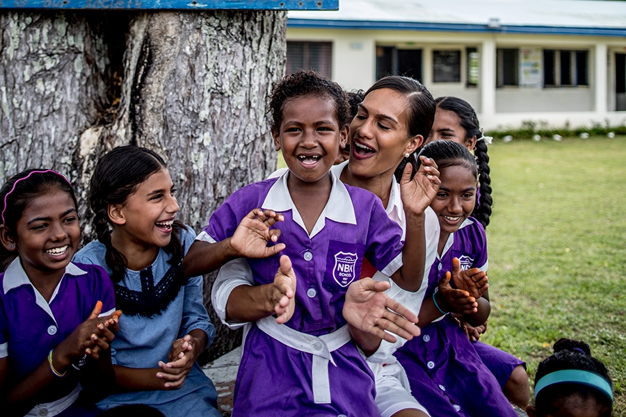A group of kids during a school tour on the Islands of Fiji.