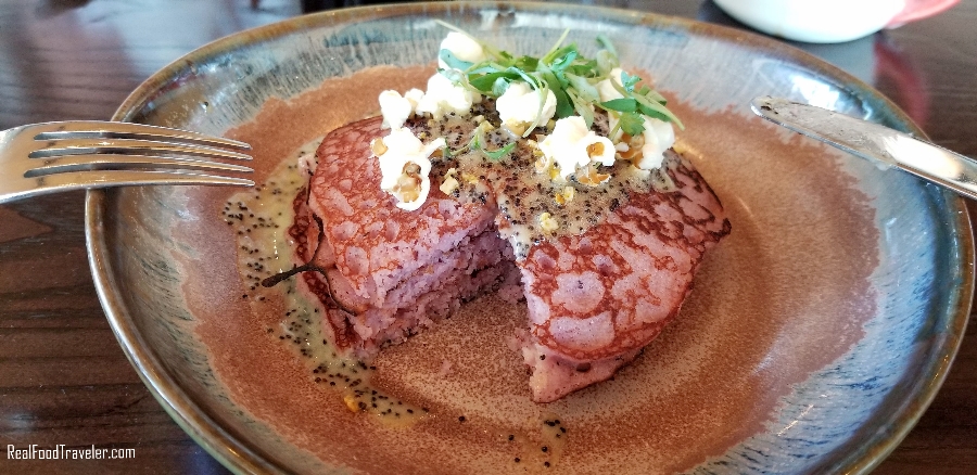 Blue corn pancakes with orange poppyseed creme anglaise in Scottsdale.