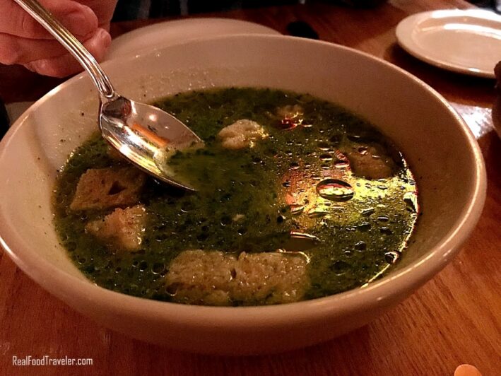 Portuguese bread soup with garlic and poached egg at FnB restaurant.