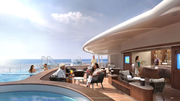 Swimming pool and lounge on deck of the Disney Wish cruise ship.