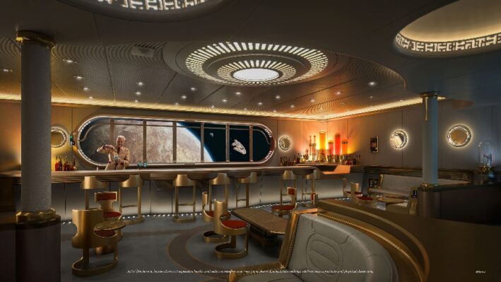 A space-ship style lounge on the Wish cruise ship.