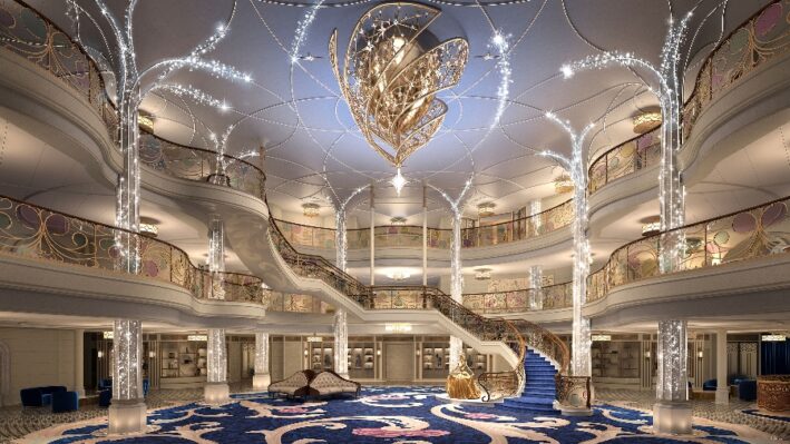 The sparkling grand hall of the future Disney Wish cruise ship.