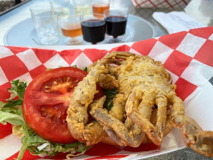 Fried soft shell crabs served at Dog & Oyster in the Northern Neck VA region.