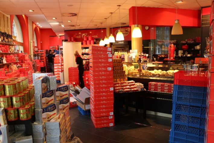 Towers of Dresden Stollen in stores in Germany.