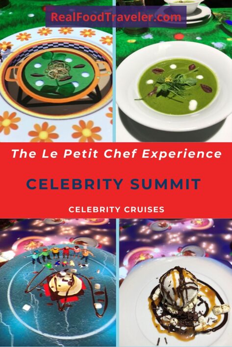 Projected scenes and real food from Le Petit Chef experience on Celebrity Summit cruise ship.