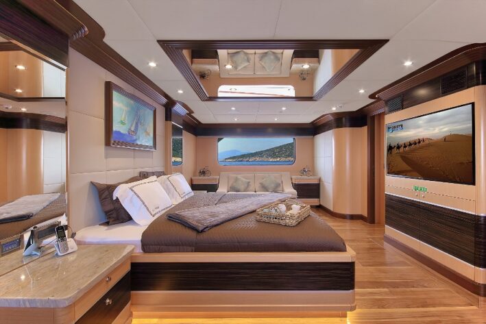 A bedroom on a Turkish gulet cruise.