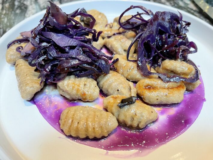 Black Garlic Gnocchi with Red Cabbage from the Almanac Barcelona