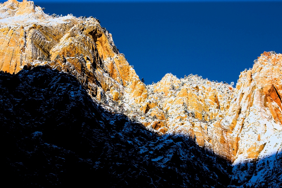 Sunlight on Zion Peaks National Park in Winter.