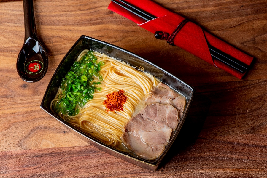 Rectangular container of ramen from ICHIRAN, a restaurant in new york city theater district