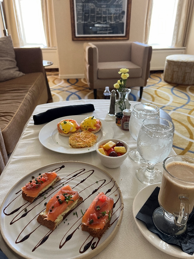 Plates of food from Room Service.