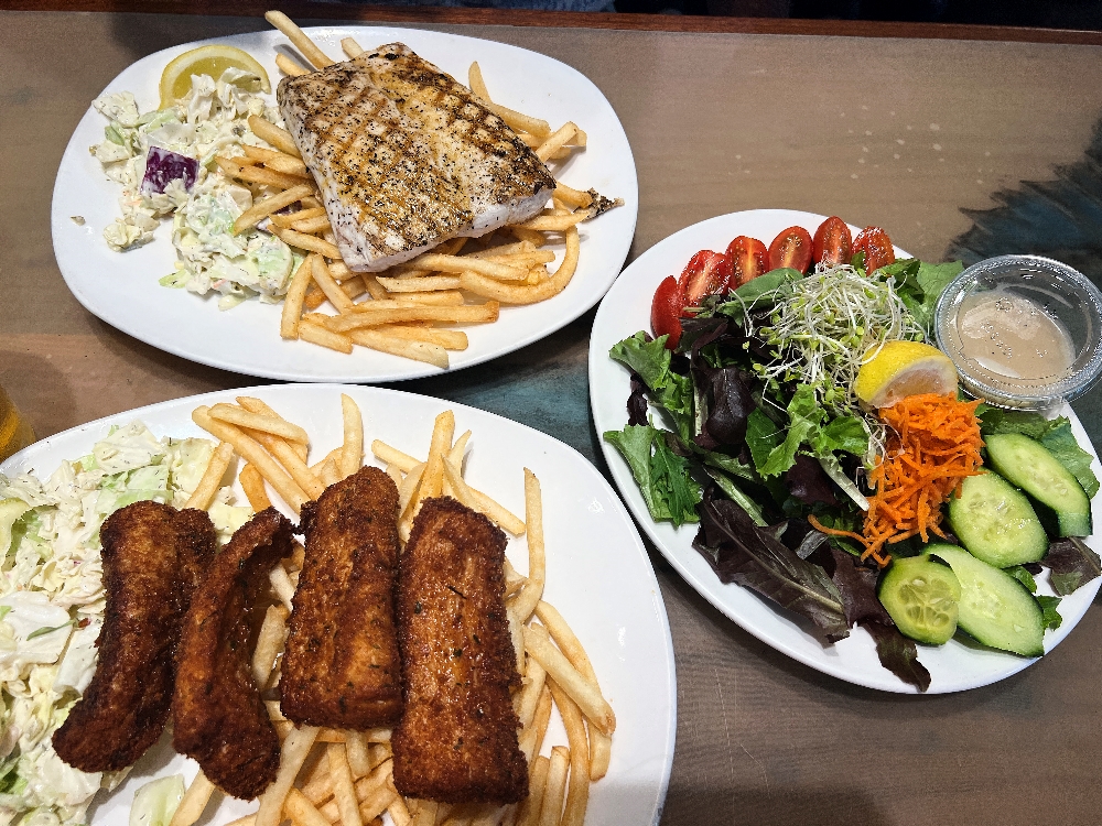 Fish and fries, and salad from Paia Fish Market.