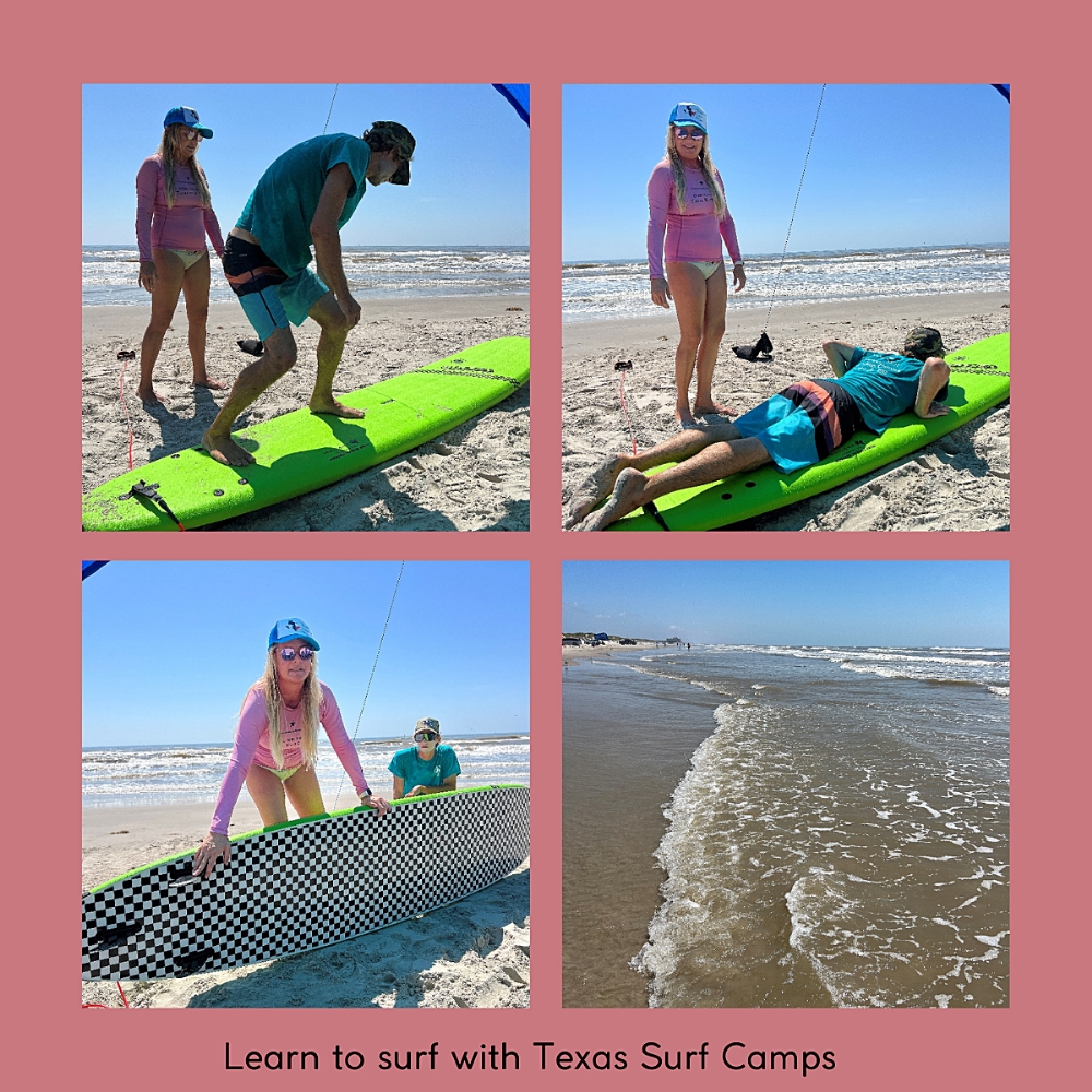The owners of Texas Surf Camp demonstrate technique on the beaches of Corpus Christi