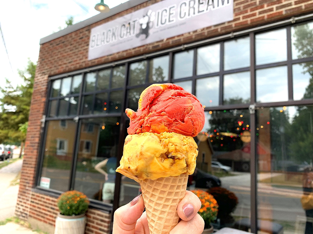 Two scoops of ice cream from Black Cat in Des Moines.