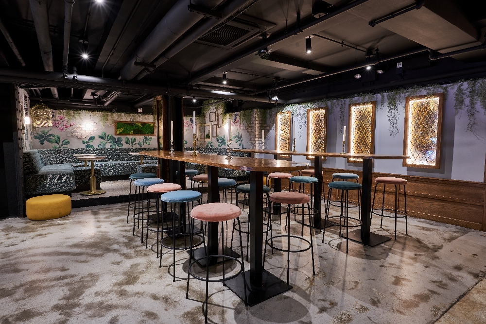 Stools and tables at New York's Alligator Pear for New Year's Eve.