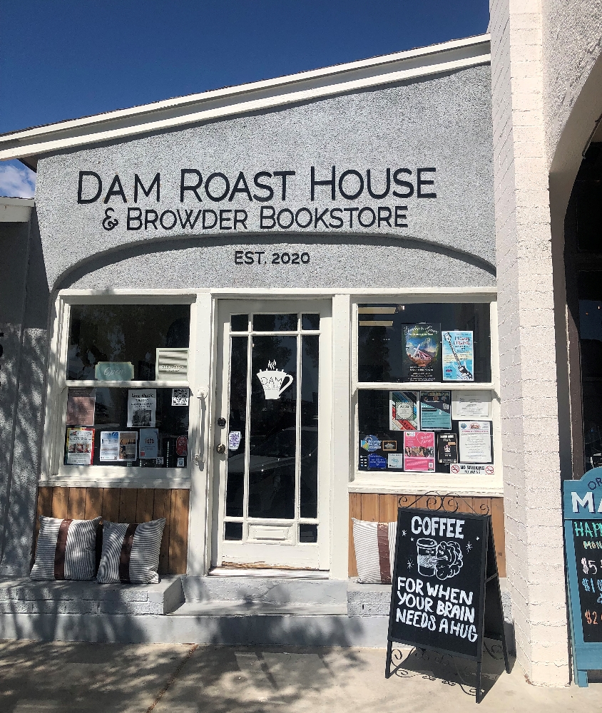 Exterior of Dam Roast coffee and bookstore in Las Vegas.