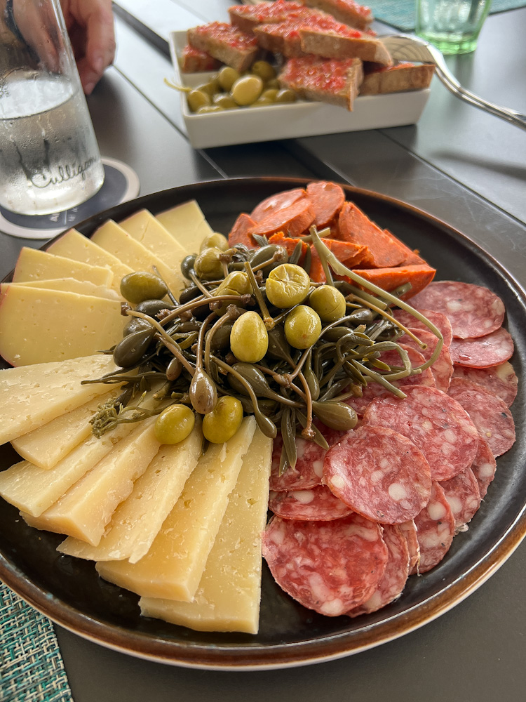Platter of cheese, sausage and olives from Mallorca.