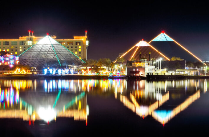 Moody Gardens pyramids in Galveston during Winter Wonder Island.