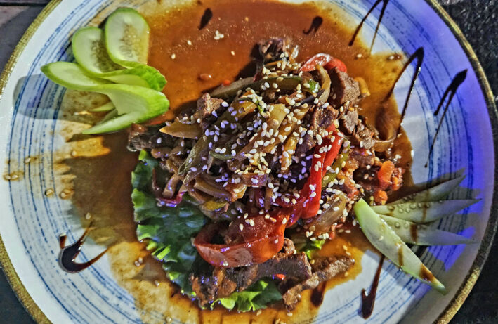 Beef stir-fry from Riverside restaurant in Khujand, Central Asia.
