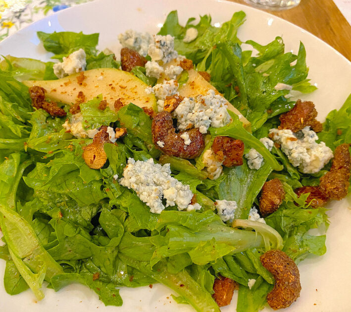 Quincy salad (pears, spiced cashews, blue cheese, sherry date dressing,Quincy Exchange, Corning, New York **Do you have another photo of this one that’s a little sharper? Even with my photo editing program, it’s a little too blurry to run. But I’d love to include a salad.