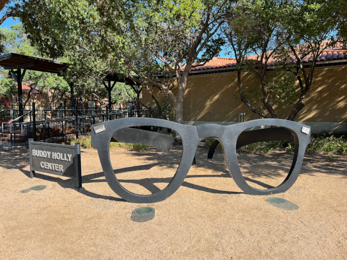 Sculpture of Buddy Holly's eyeglasses.