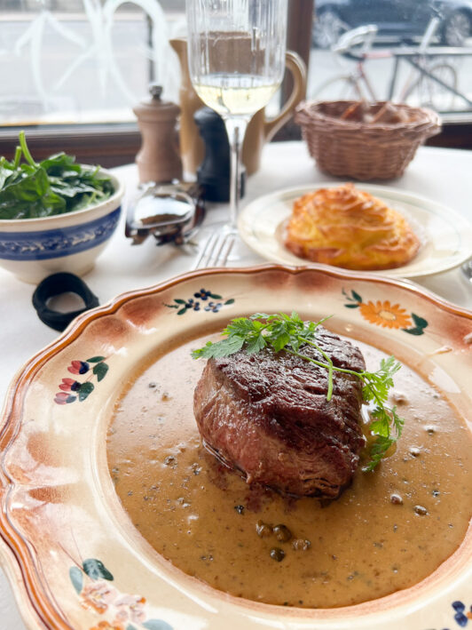 Steak aux Poivres at Margeaux, one of the best restaurants with a view of the Eiffel Tower.