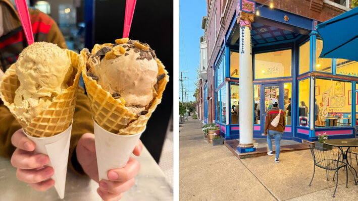 Two ice cream cones and person walking into Ices Plain and Fancy , St. Louis food.
