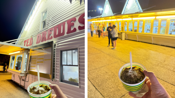 At night, the neon yellow glow of Ted Drewes Frozen Custard illuminates the area.