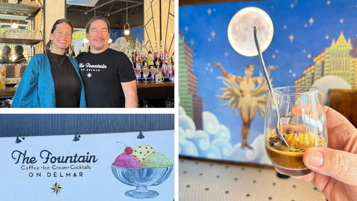 The couple who owns The Fountain, the exterior of their building and an affogato