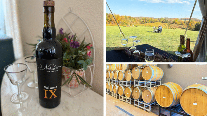Noboleis Winery bottle, barrels and scenery