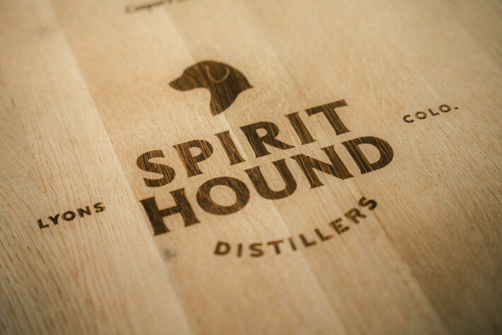 The logo on the top of a barrel of spirits from Spirit Hound Distillers.