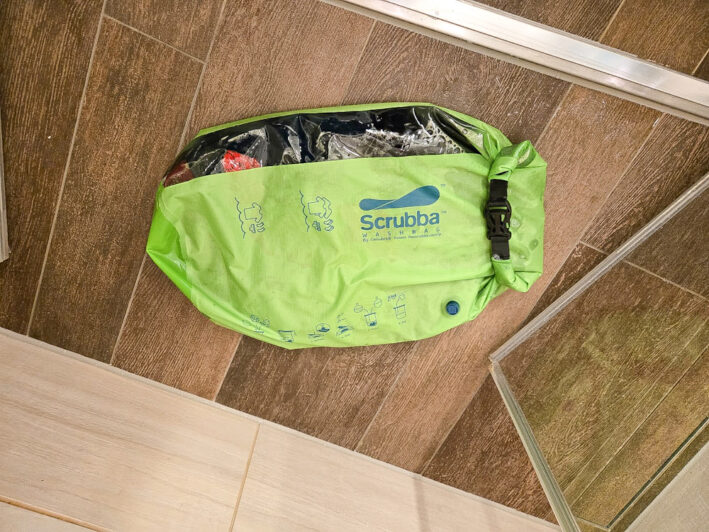 Scrubba bag for washing clothes by hand.