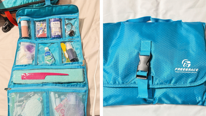 Pack toiletries and jewelry in a compartmentalized container.