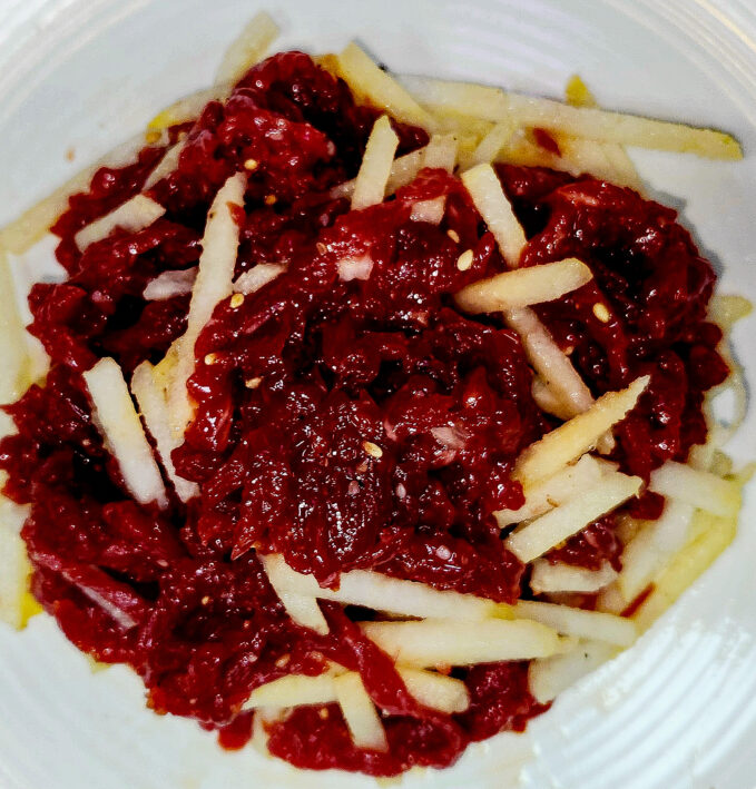Korean Raw Beef is paired with crisp, sweet Korean pear.