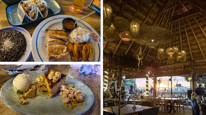 Entrees, the interior and dessert at El Fish Fritanga restaurant in Cancun.